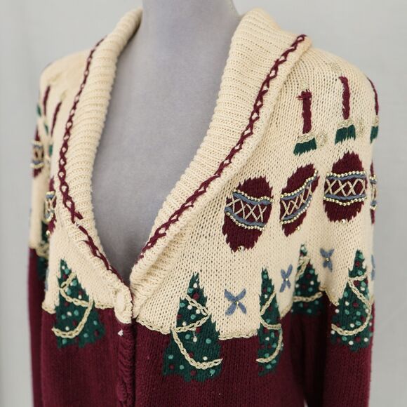 Talbots Sweater Womens Medium Ivory Burgundy Holiday Cardigan Hand Knit Vintage - Picture 8 of 14